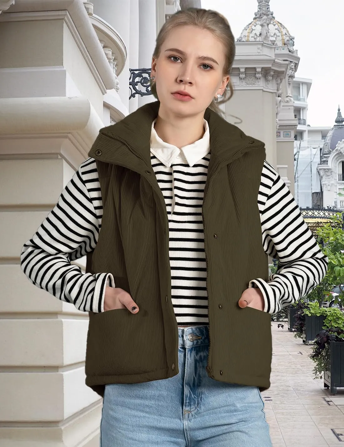 Womens Corduroy Puffer Vest Stand Collar Zip Snap Button Sleeveless Warm Waistcoat Padded Gilet