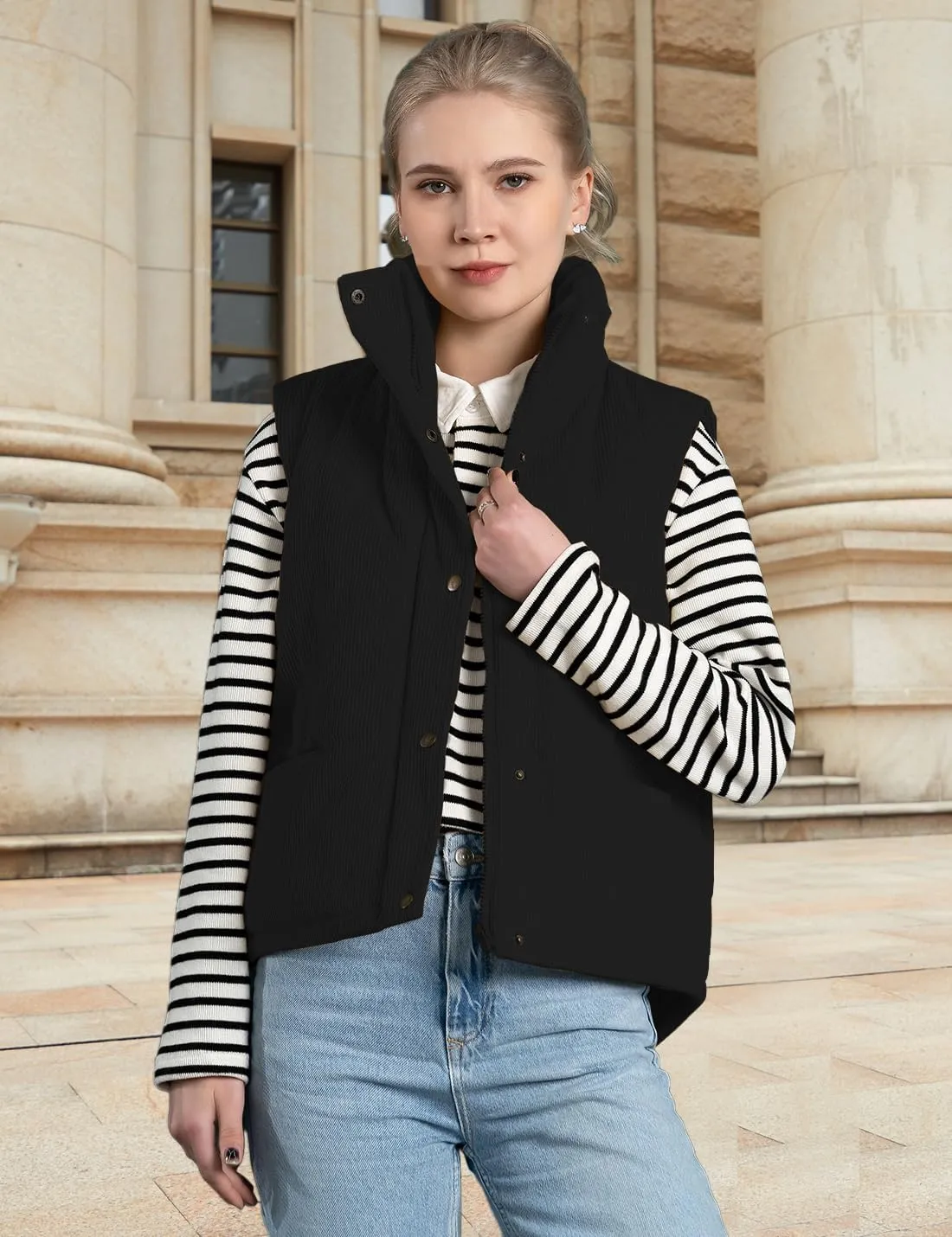 Womens Corduroy Puffer Vest Stand Collar Zip Snap Button Sleeveless Warm Waistcoat Padded Gilet
