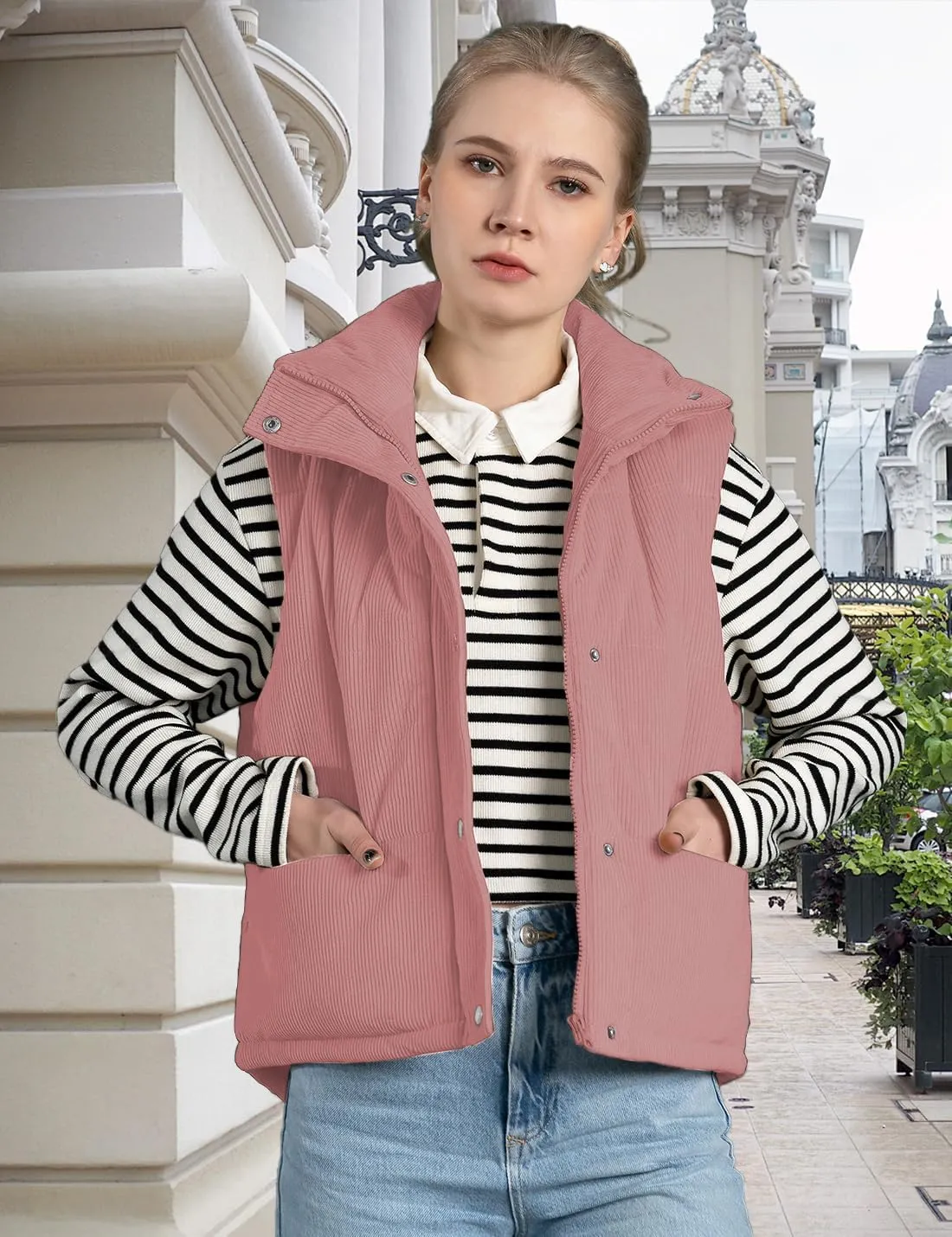 Womens Corduroy Puffer Vest Stand Collar Zip Snap Button Sleeveless Warm Waistcoat Padded Gilet
