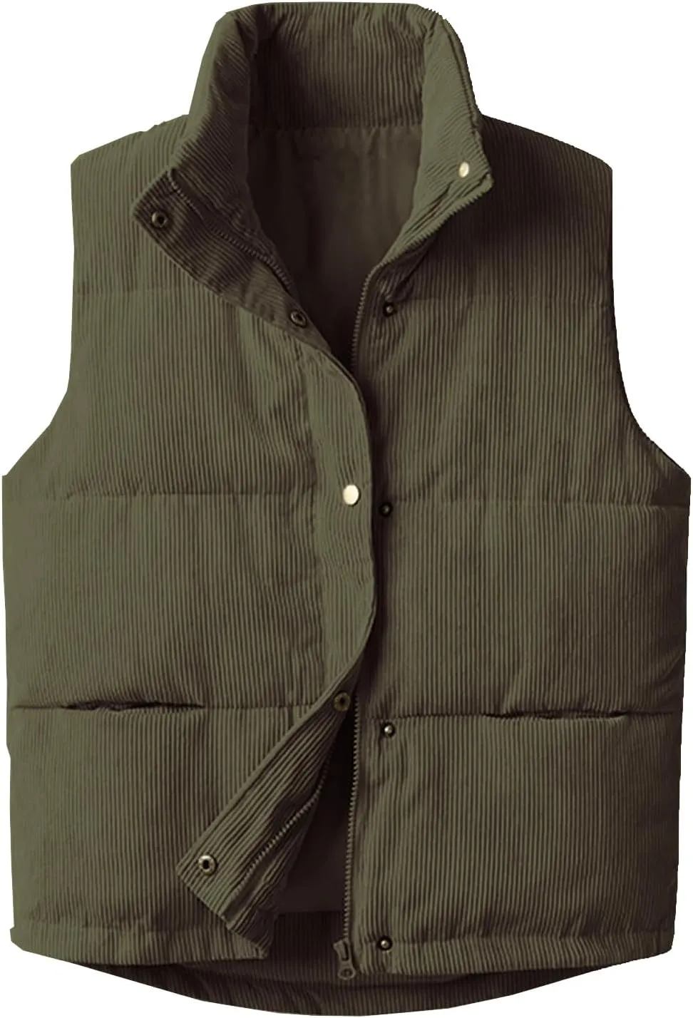 Womens Corduroy Puffer Vest Stand Collar Zip Snap Button Sleeveless Warm Waistcoat Padded Gilet