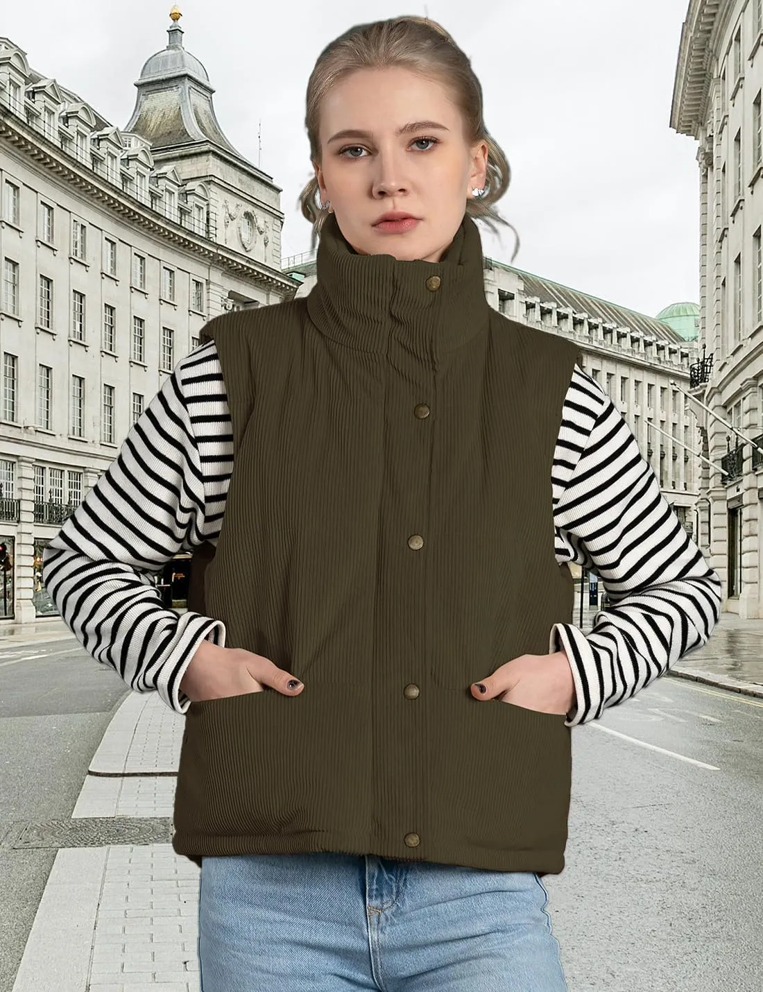Womens Corduroy Puffer Vest Stand Collar Zip Snap Button Sleeveless Warm Waistcoat Padded Gilet