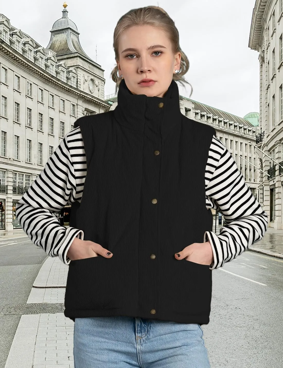 Womens Corduroy Puffer Vest Stand Collar Zip Snap Button Sleeveless Warm Waistcoat Padded Gilet