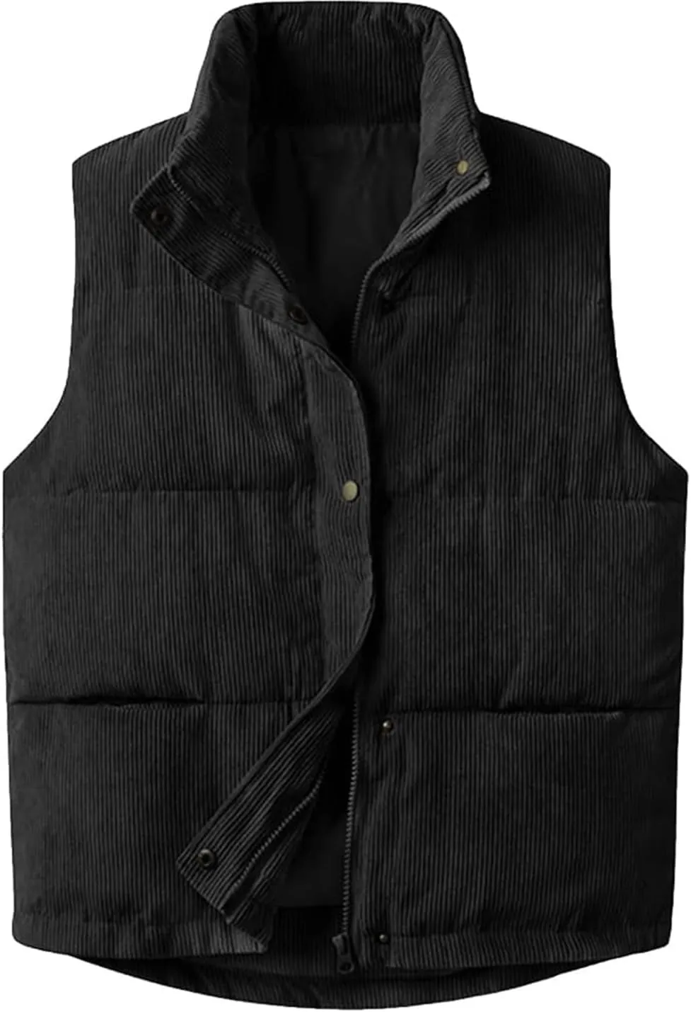 Womens Corduroy Puffer Vest Stand Collar Zip Snap Button Sleeveless Warm Waistcoat Padded Gilet