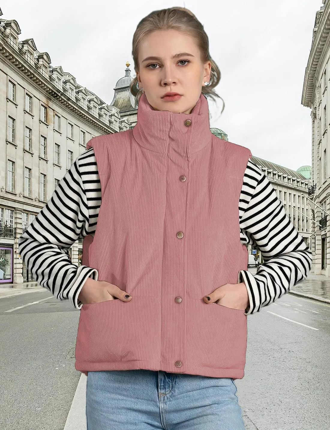 Womens Corduroy Puffer Vest Stand Collar Zip Snap Button Sleeveless Warm Waistcoat Padded Gilet