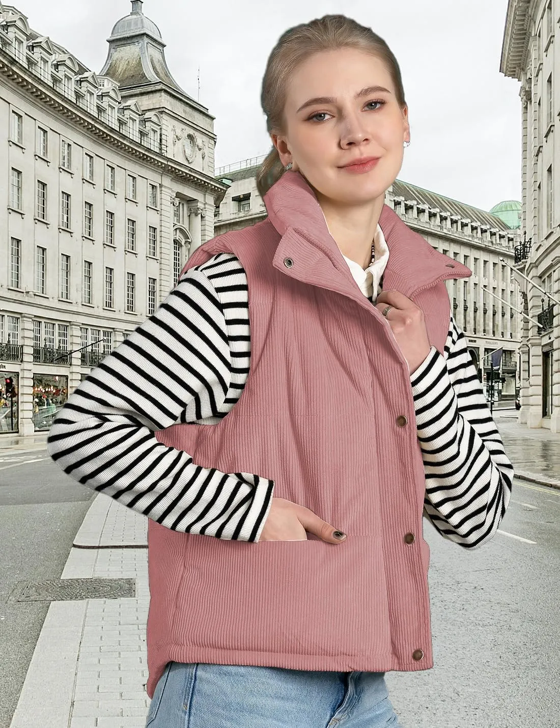 Womens Corduroy Puffer Vest Stand Collar Zip Snap Button Sleeveless Warm Waistcoat Padded Gilet