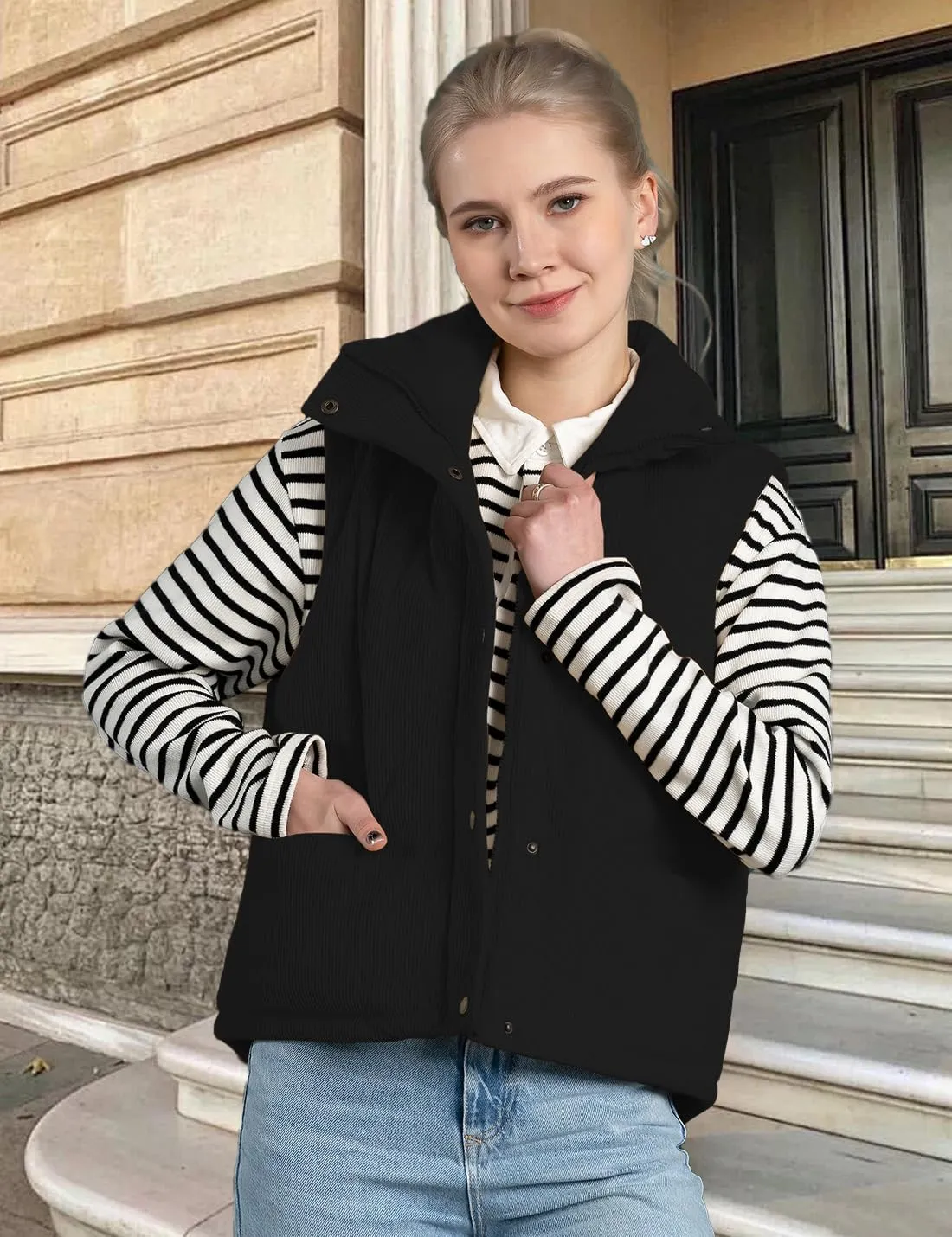 Womens Corduroy Puffer Vest Stand Collar Zip Snap Button Sleeveless Warm Waistcoat Padded Gilet