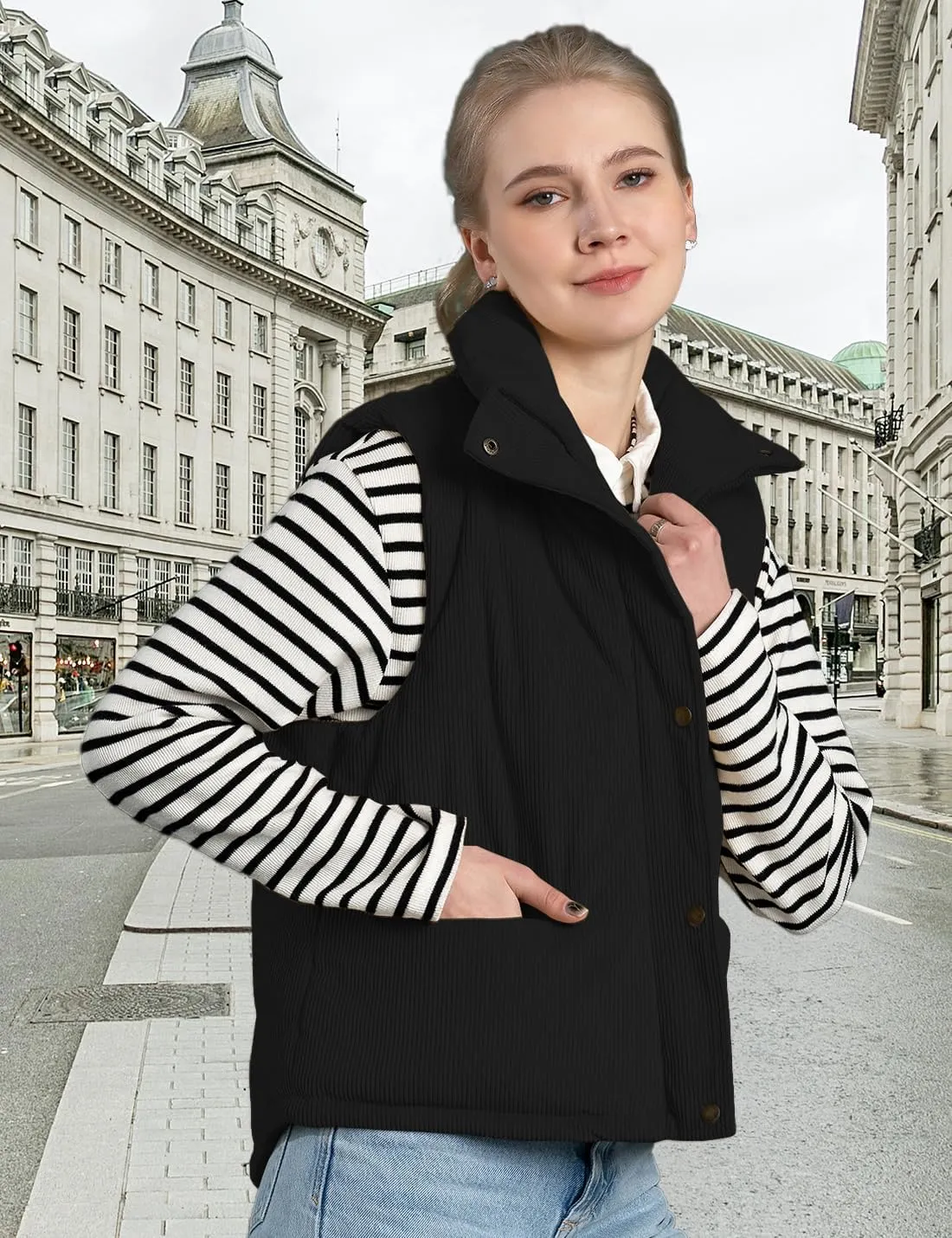 Womens Corduroy Puffer Vest Stand Collar Zip Snap Button Sleeveless Warm Waistcoat Padded Gilet