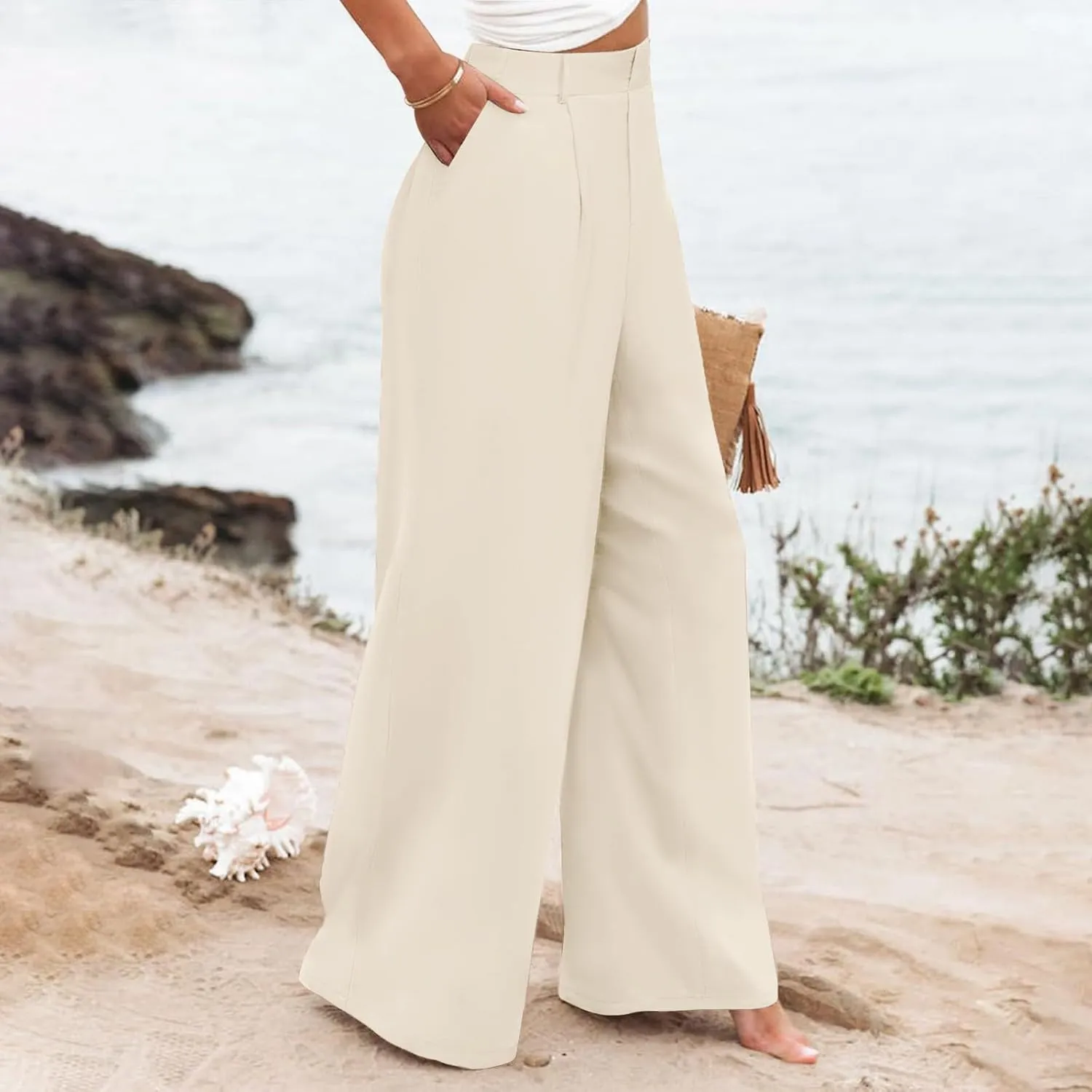Womens Cotton Linen Pants High Waisted Button Up Summer Beach Pants Wide Leg Baggy Casual Flowy Dressy Trousers