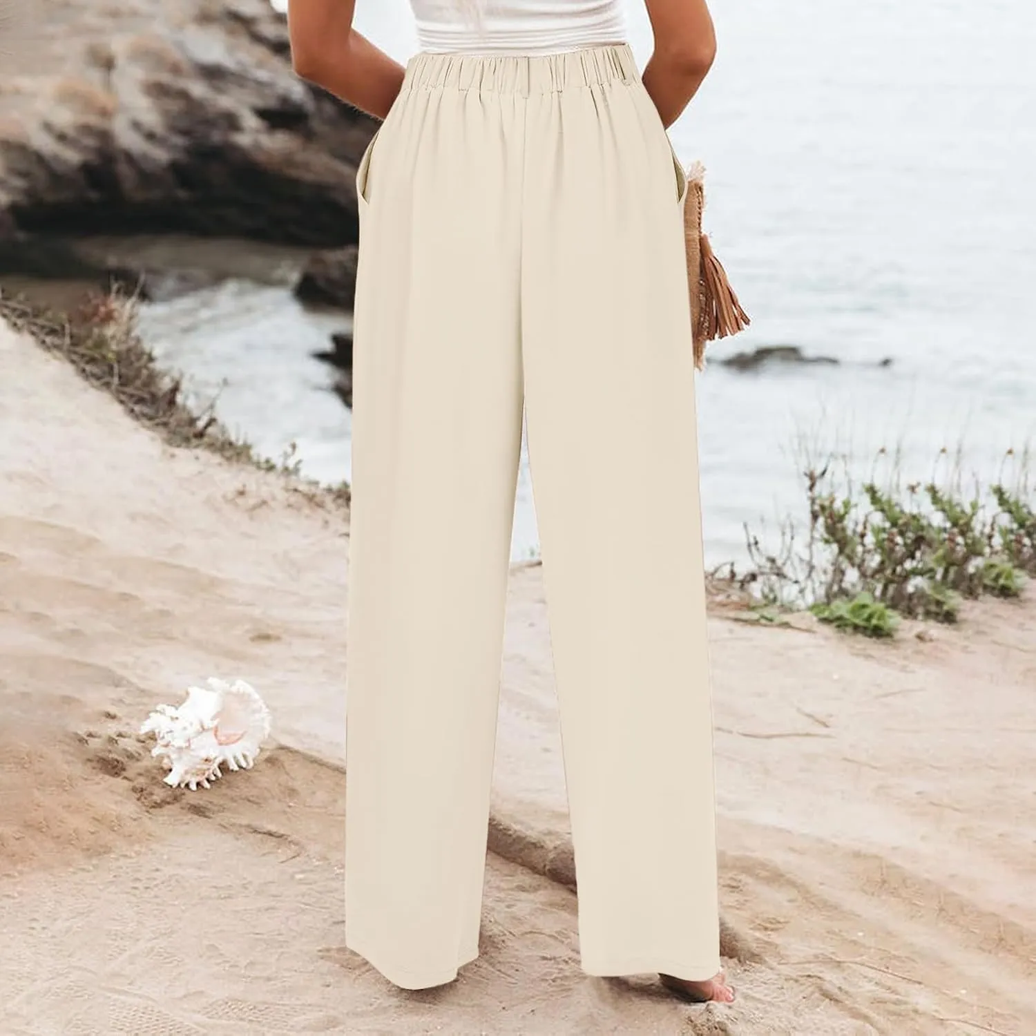 Womens Cotton Linen Pants High Waisted Button Up Summer Beach Pants Wide Leg Baggy Casual Flowy Dressy Trousers