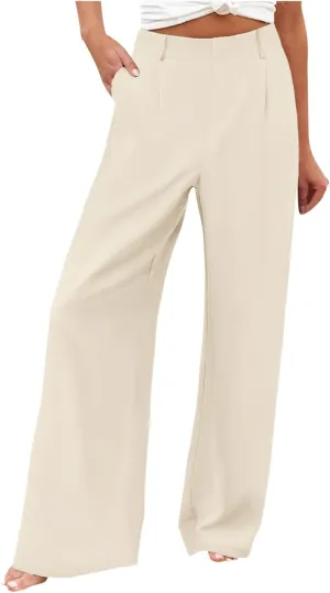 Womens Cotton Linen Pants High Waisted Button Up Summer Beach Pants Wide Leg Baggy Casual Flowy Dressy Trousers