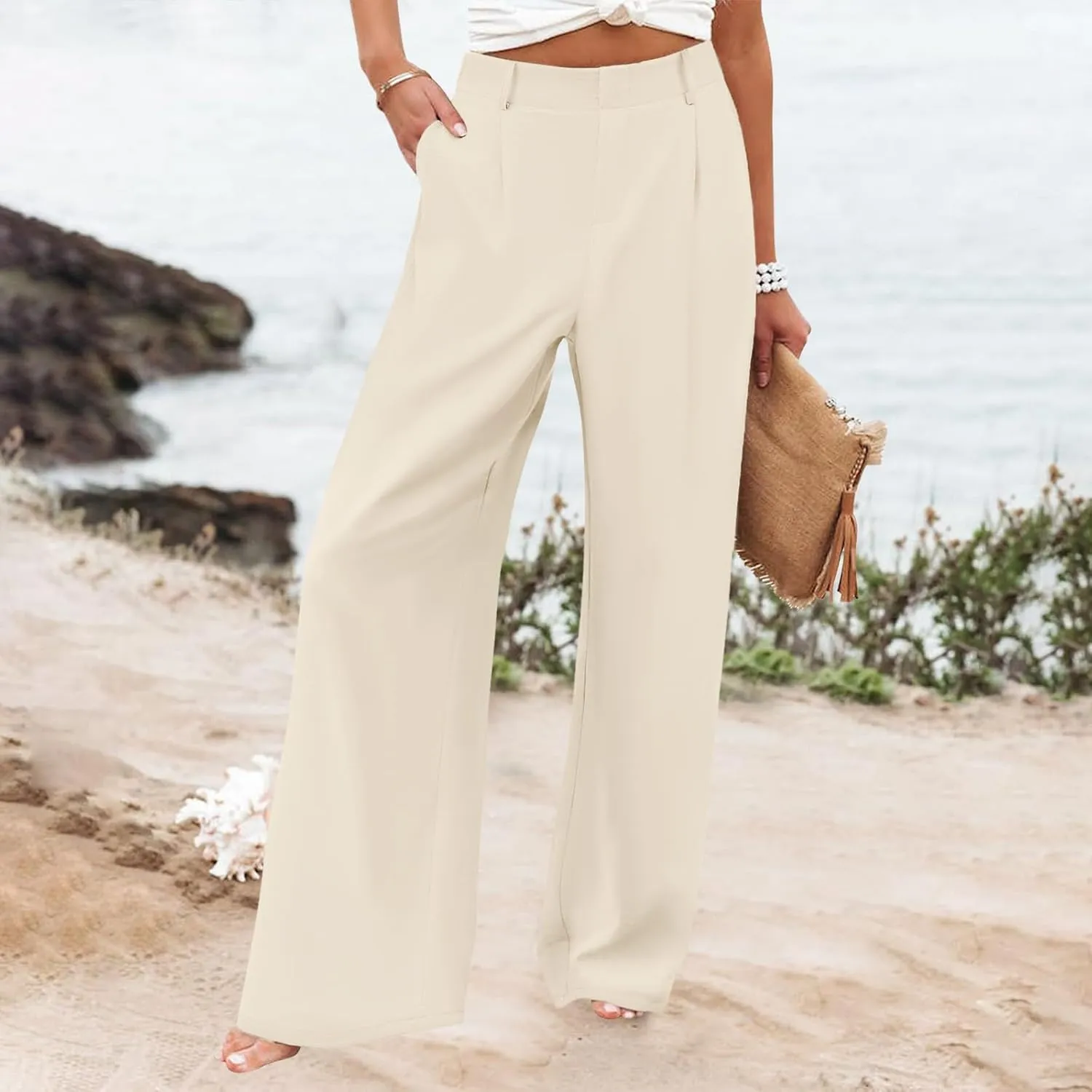 Womens Cotton Linen Pants High Waisted Button Up Summer Beach Pants Wide Leg Baggy Casual Flowy Dressy Trousers