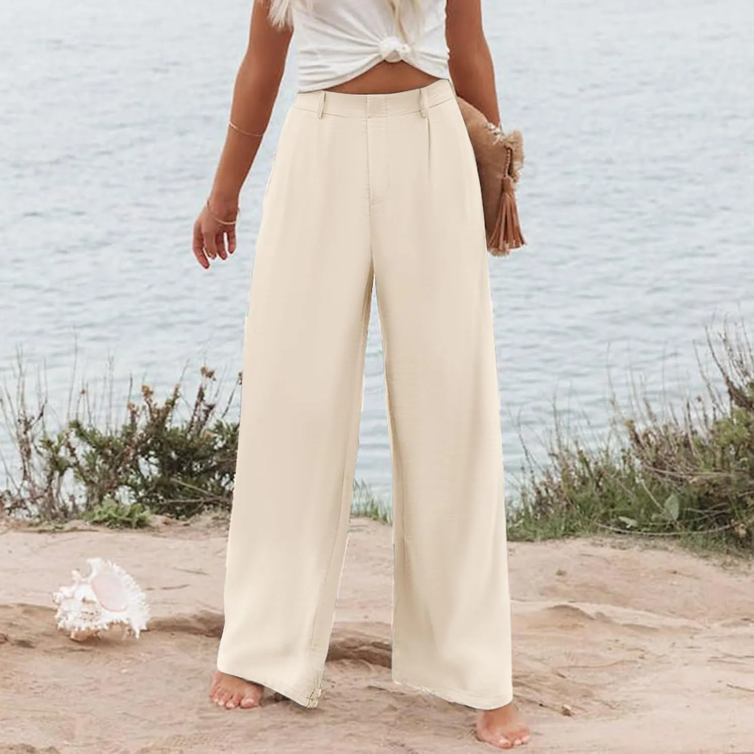Womens Cotton Linen Pants High Waisted Button Up Summer Beach Pants Wide Leg Baggy Casual Flowy Dressy Trousers