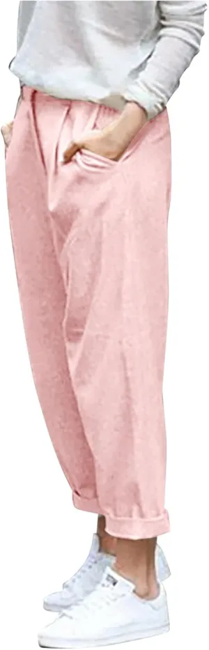 Womens Cotton Linen Pants Summer Elastic High Waisted Loose Fit Palazzo Pants Casual Beach Trousers with Pockets