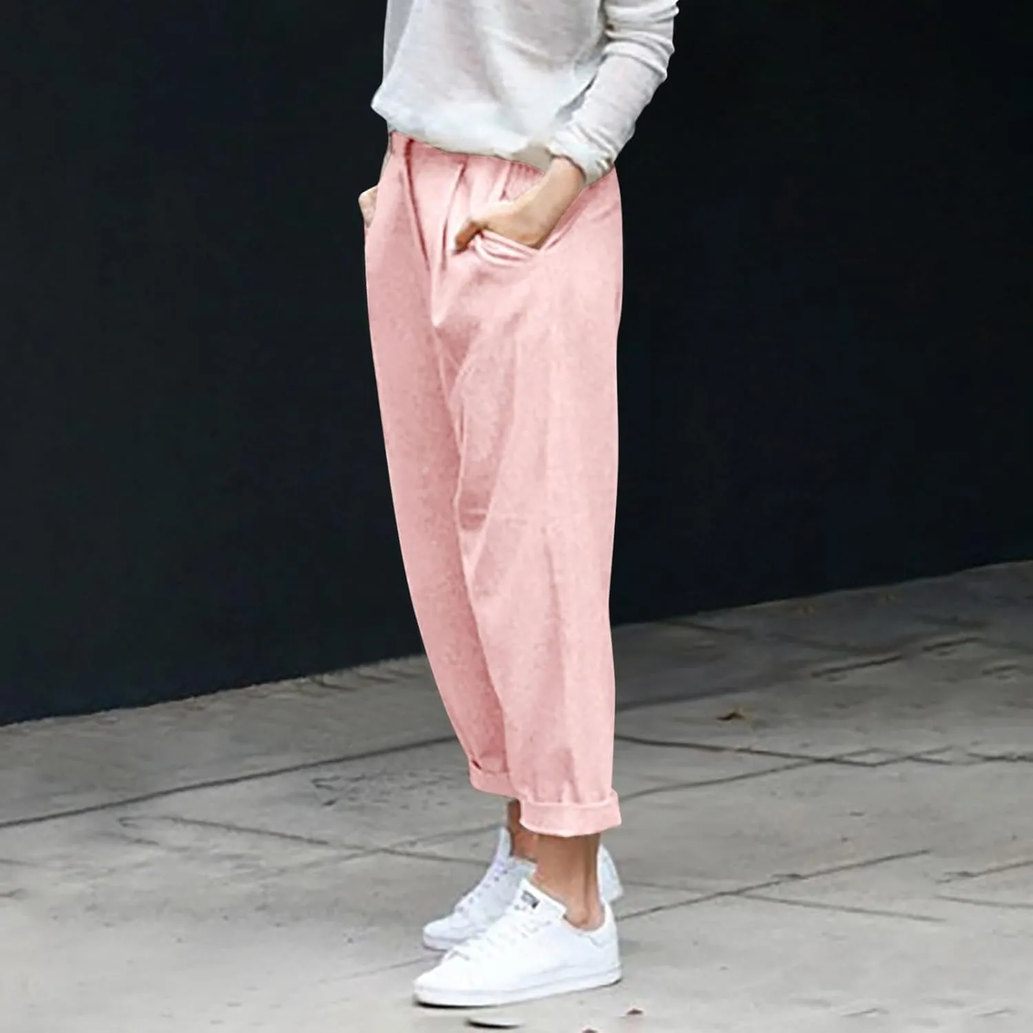 Womens Cotton Linen Pants Summer Elastic High Waisted Loose Fit Palazzo Pants Casual Beach Trousers with Pockets
