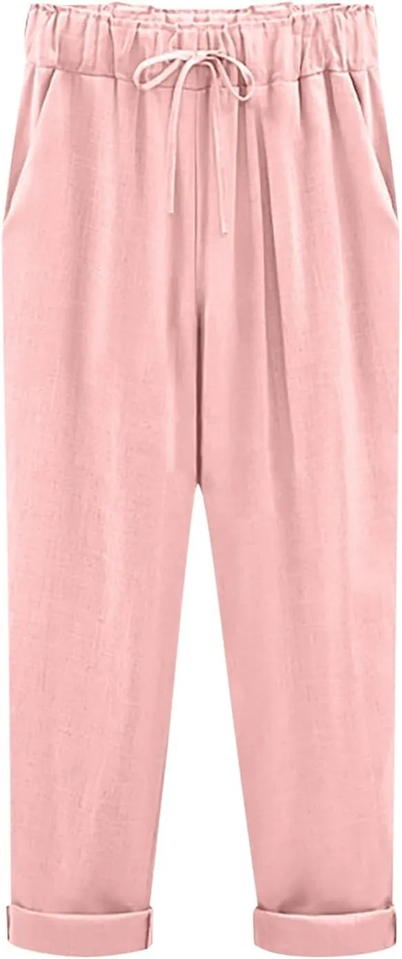Womens Cotton Linen Pants Summer Elastic High Waisted Loose Fit Palazzo Pants Casual Beach Trousers with Pockets