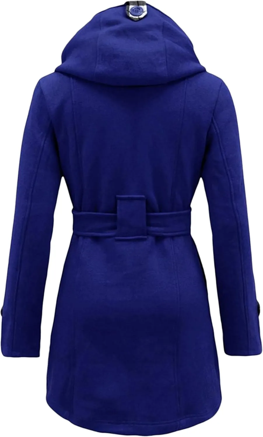 Womens Double Breasted Winter Pea Coat Belted Midi Length Outwear Hooded Warm Plaid Trench Jacket