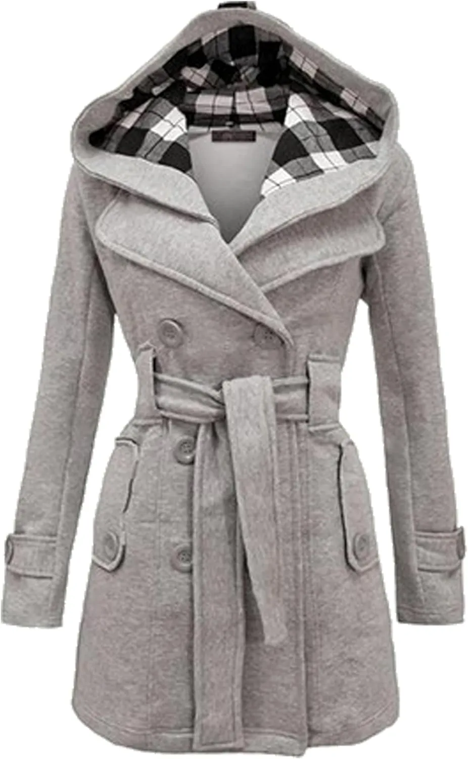 Womens Double Breasted Winter Pea Coat Belted Midi Length Outwear Hooded Warm Plaid Trench Jacket