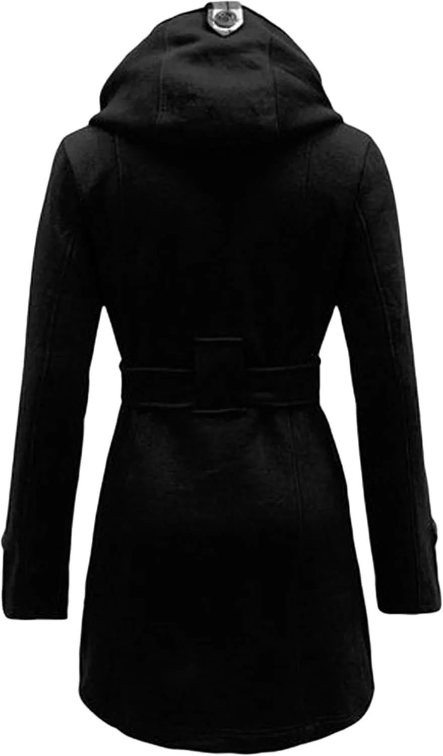 Womens Double Breasted Winter Pea Coat Belted Midi Length Outwear Hooded Warm Plaid Trench Jacket