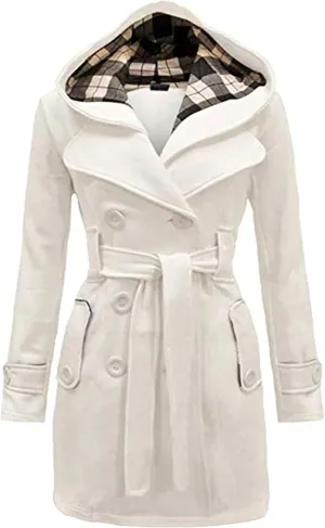 Womens Double Breasted Winter Pea Coat Belted Midi Length Outwear Hooded Warm Plaid Trench Jacket