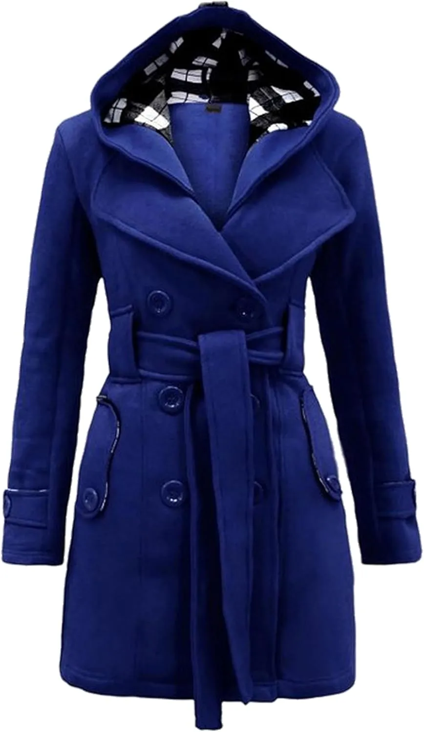 Womens Double Breasted Winter Pea Coat Belted Midi Length Outwear Hooded Warm Plaid Trench Jacket