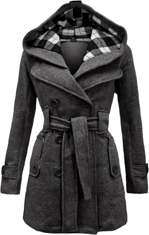Womens Double Breasted Winter Pea Coat Belted Midi Length Outwear Hooded Warm Plaid Trench Jacket