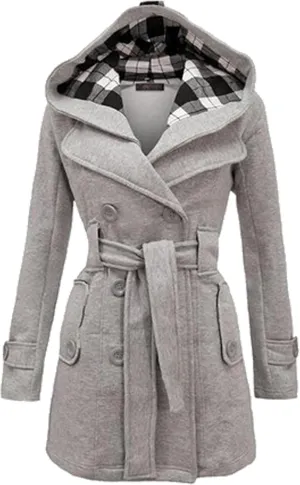 Womens Double Breasted Winter Pea Coat Belted Midi Length Outwear Hooded Warm Plaid Trench Jacket