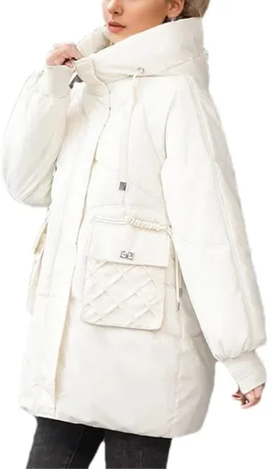 Women's Drawstring Hooded Stand Collar Parka Coat Warm Pocket Casual Zipper Cotton-Padded Jacket