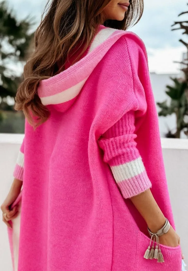 Women's Fall Casual 2024 Color Block Open Front Cardigan Oversized Hooded Long Coatigan Coat Sweaters