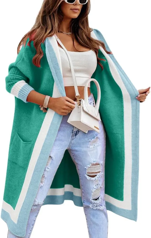 Women's Fall Casual 2024 Color Block Open Front Cardigan Oversized Hooded Long Coatigan Coat Sweaters