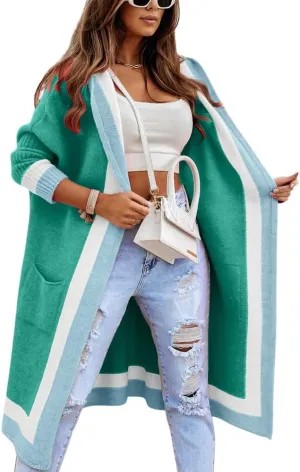 Women's Fall Casual 2024 Color Block Open Front Cardigan Oversized Hooded Long Coatigan Coat Sweaters