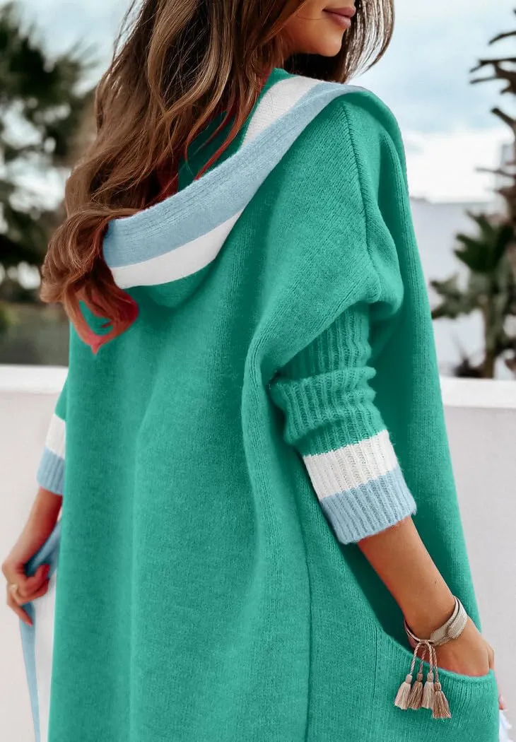 Women's Fall Casual 2024 Color Block Open Front Cardigan Oversized Hooded Long Coatigan Coat Sweaters