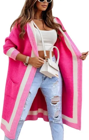 Women's Fall Casual 2024 Color Block Open Front Cardigan Oversized Hooded Long Coatigan Coat Sweaters