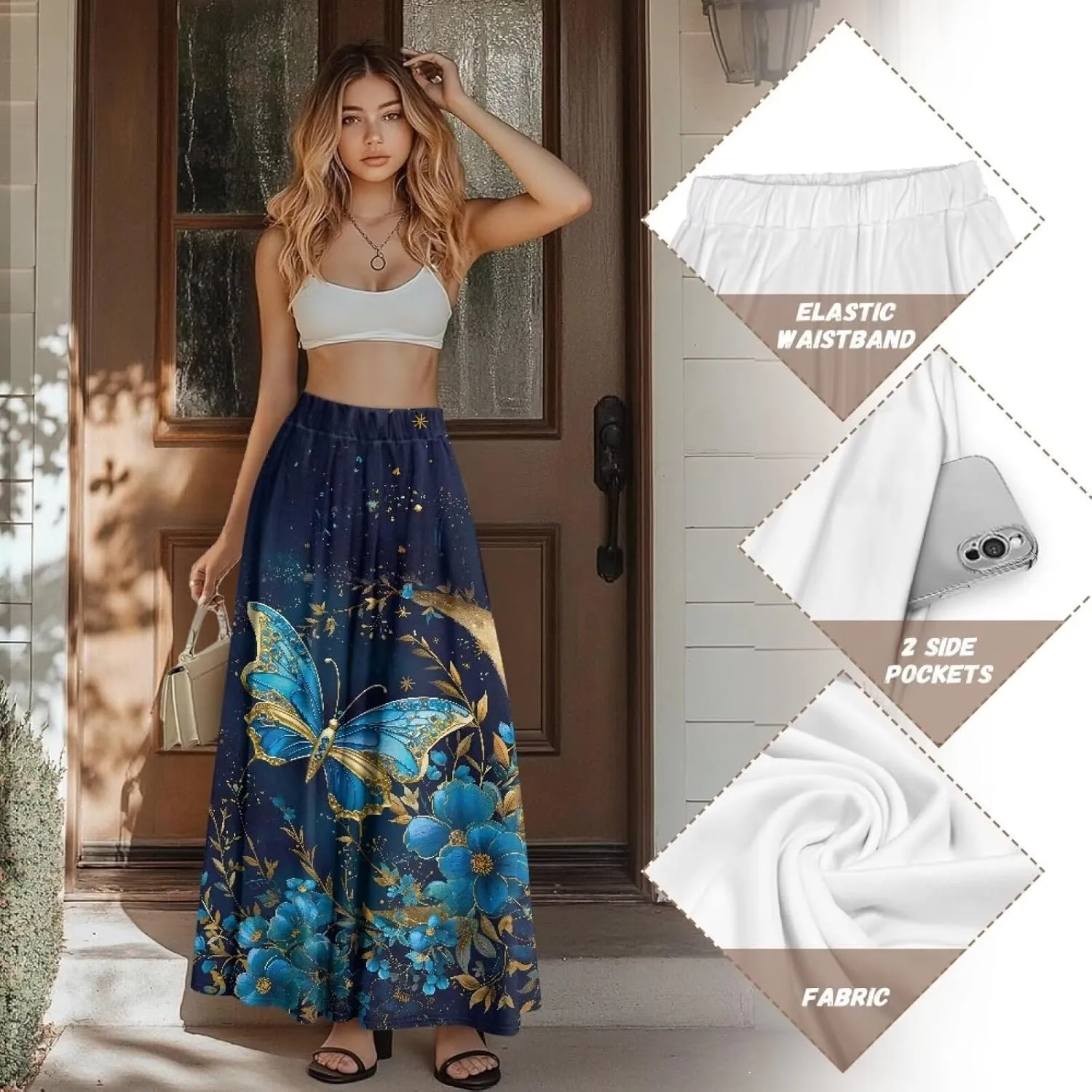Women's Flowy Midi Skirts with Pockets Casual Pleated Elastic High Waistband Maxi Skirts Soft Swing A-Line Boho Long Skirt