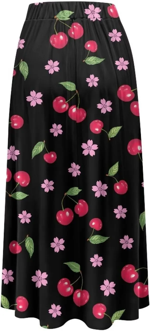 Women's Flowy Midi Skirts with Pockets Casual Pleated Elastic High Waistband Maxi Skirts Soft Swing A-Line Boho Long Skirt