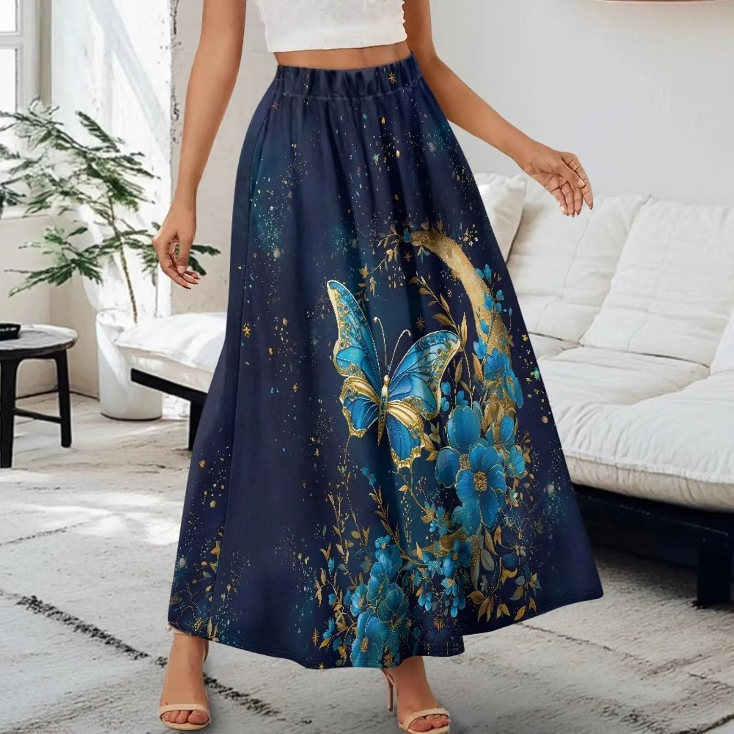 Women's Flowy Midi Skirts with Pockets Casual Pleated Elastic High Waistband Maxi Skirts Soft Swing A-Line Boho Long Skirt