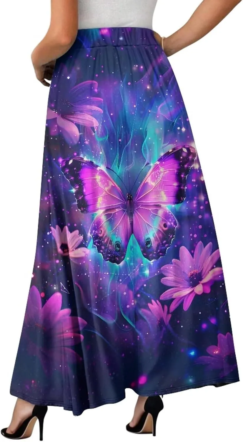 Women's Flowy Midi Skirts with Pockets Casual Pleated Elastic High Waistband Maxi Skirts Soft Swing A-Line Boho Long Skirt