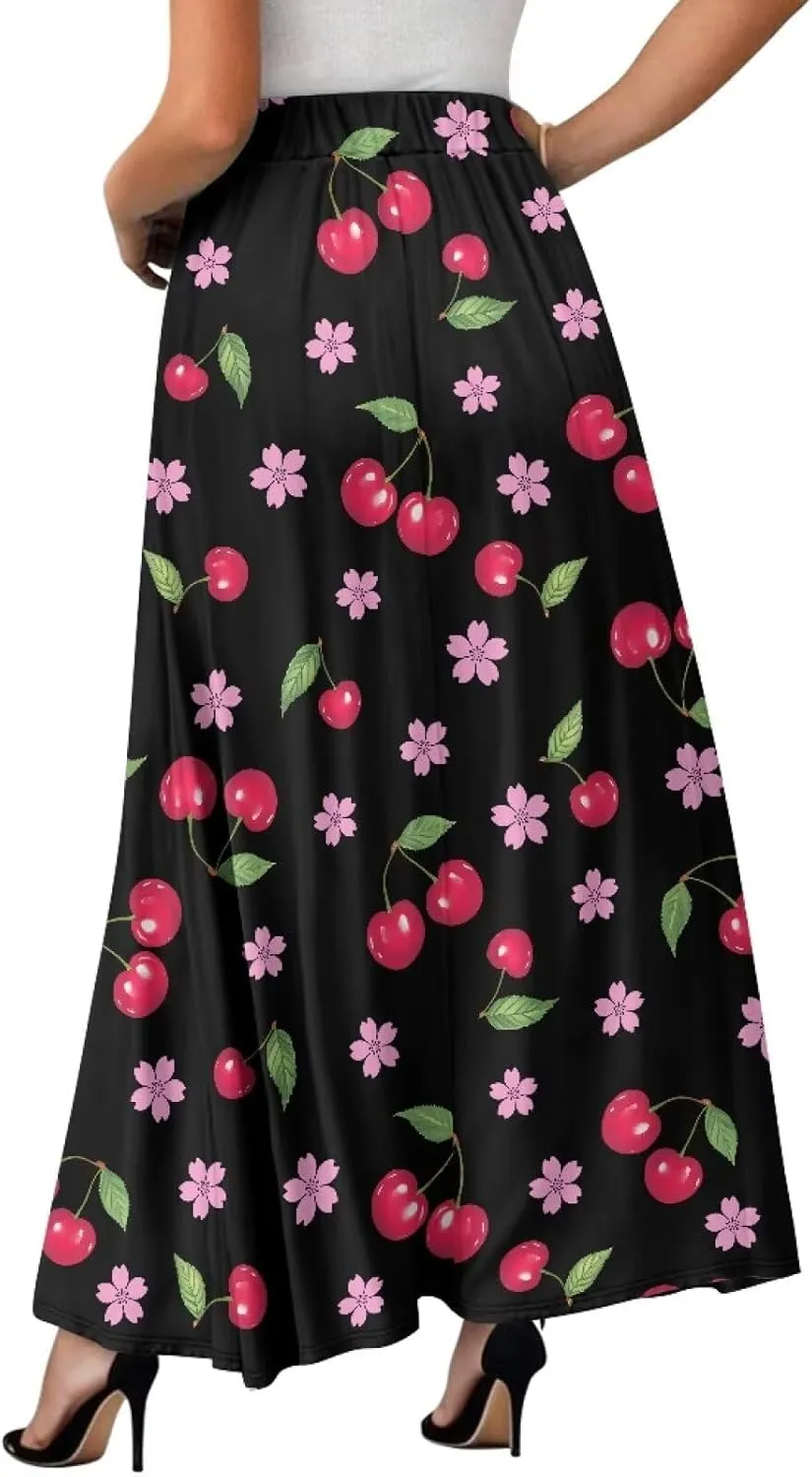 Women's Flowy Midi Skirts with Pockets Casual Pleated Elastic High Waistband Maxi Skirts Soft Swing A-Line Boho Long Skirt