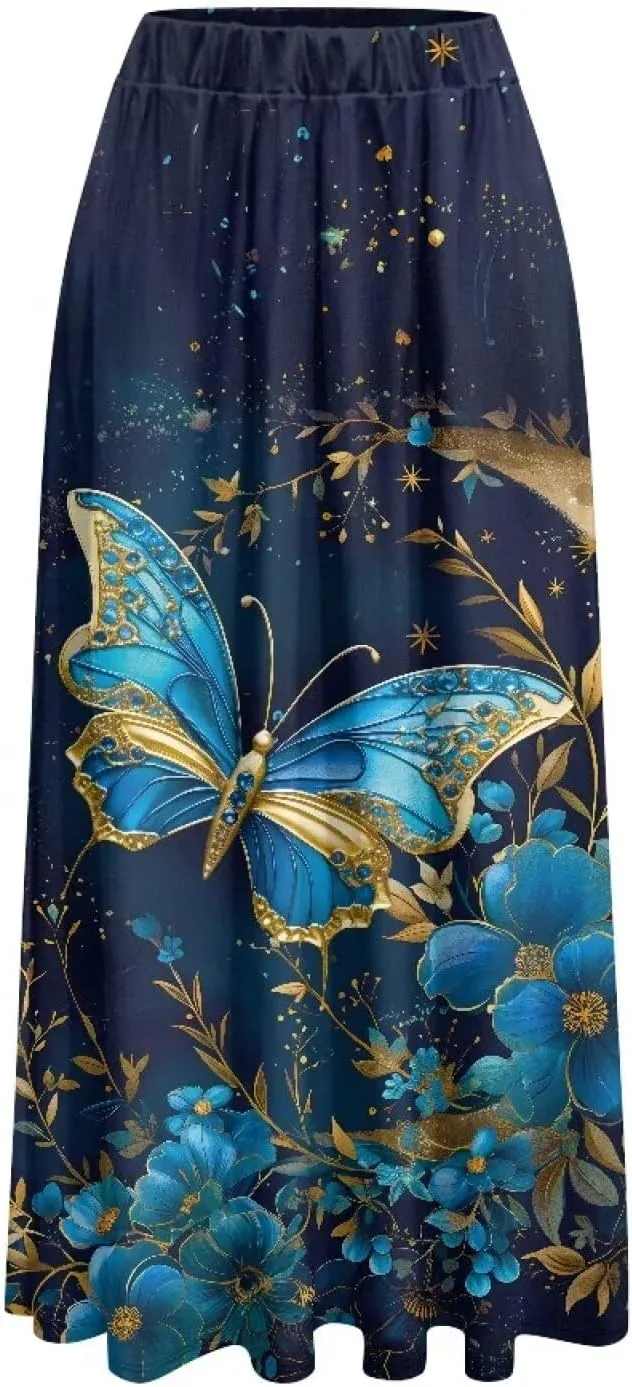 Women's Flowy Midi Skirts with Pockets Casual Pleated Elastic High Waistband Maxi Skirts Soft Swing A-Line Boho Long Skirt