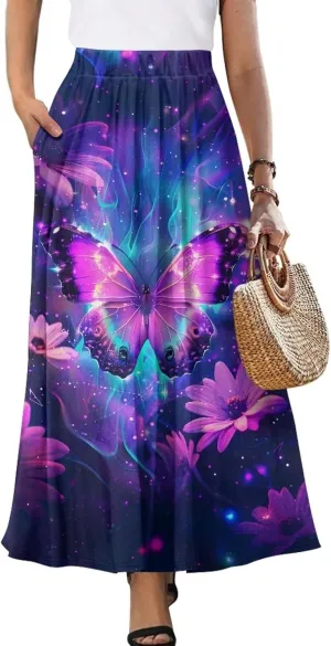 Women's Flowy Midi Skirts with Pockets Casual Pleated Elastic High Waistband Maxi Skirts Soft Swing A-Line Boho Long Skirt