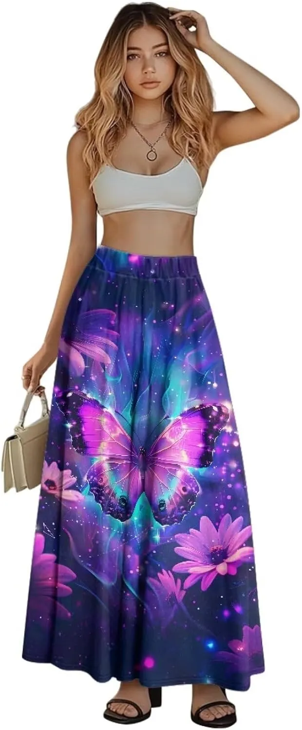 Women's Flowy Midi Skirts with Pockets Casual Pleated Elastic High Waistband Maxi Skirts Soft Swing A-Line Boho Long Skirt