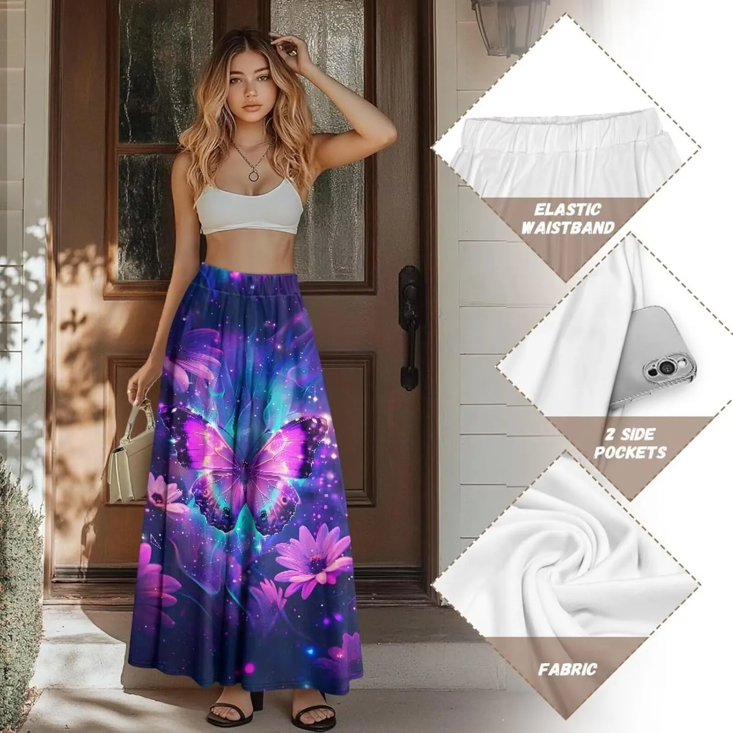 Women's Flowy Midi Skirts with Pockets Casual Pleated Elastic High Waistband Maxi Skirts Soft Swing A-Line Boho Long Skirt