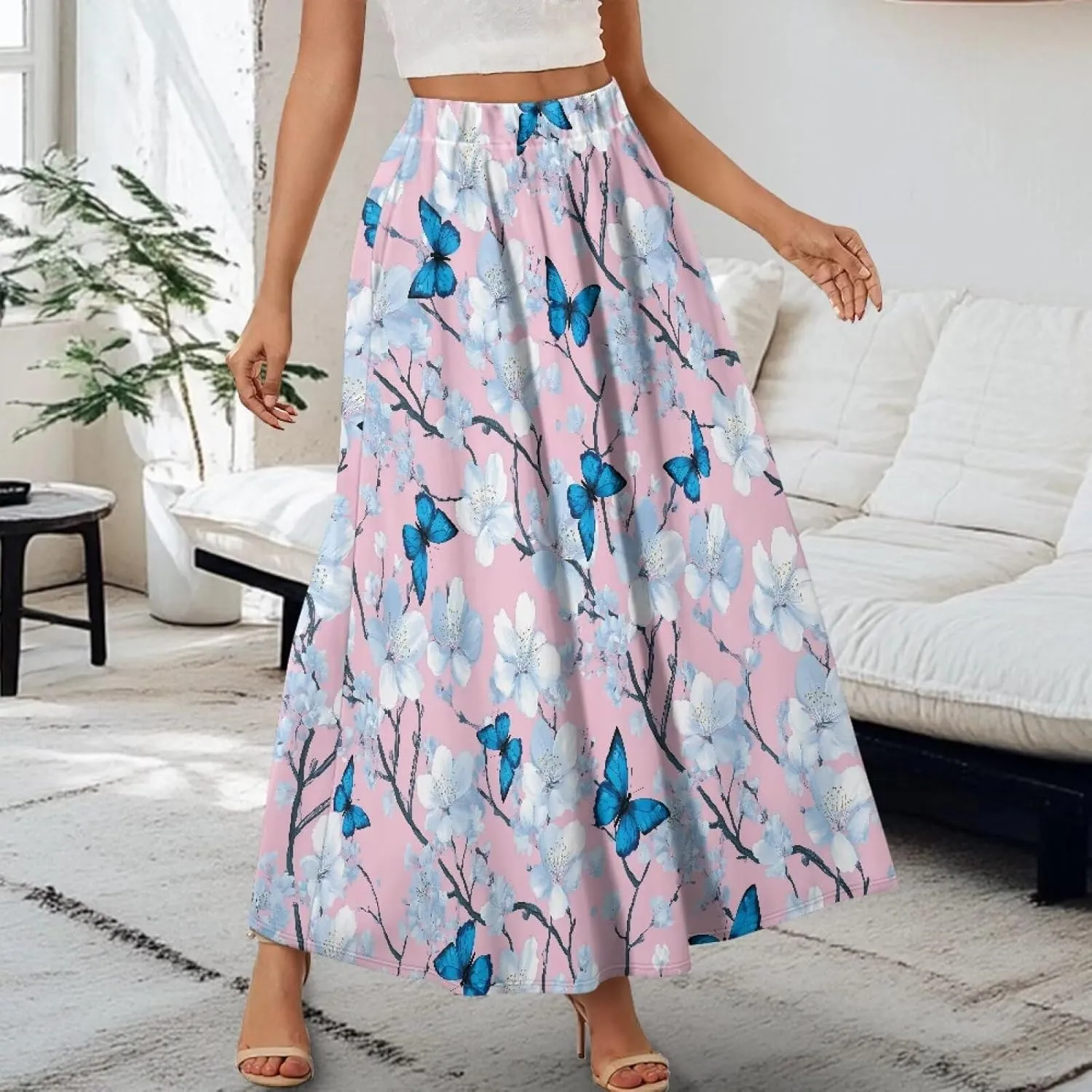 Women's Flowy Midi Skirts with Pockets Casual Pleated Elastic High Waistband Maxi Skirts Soft Swing A-Line Boho Long Skirt