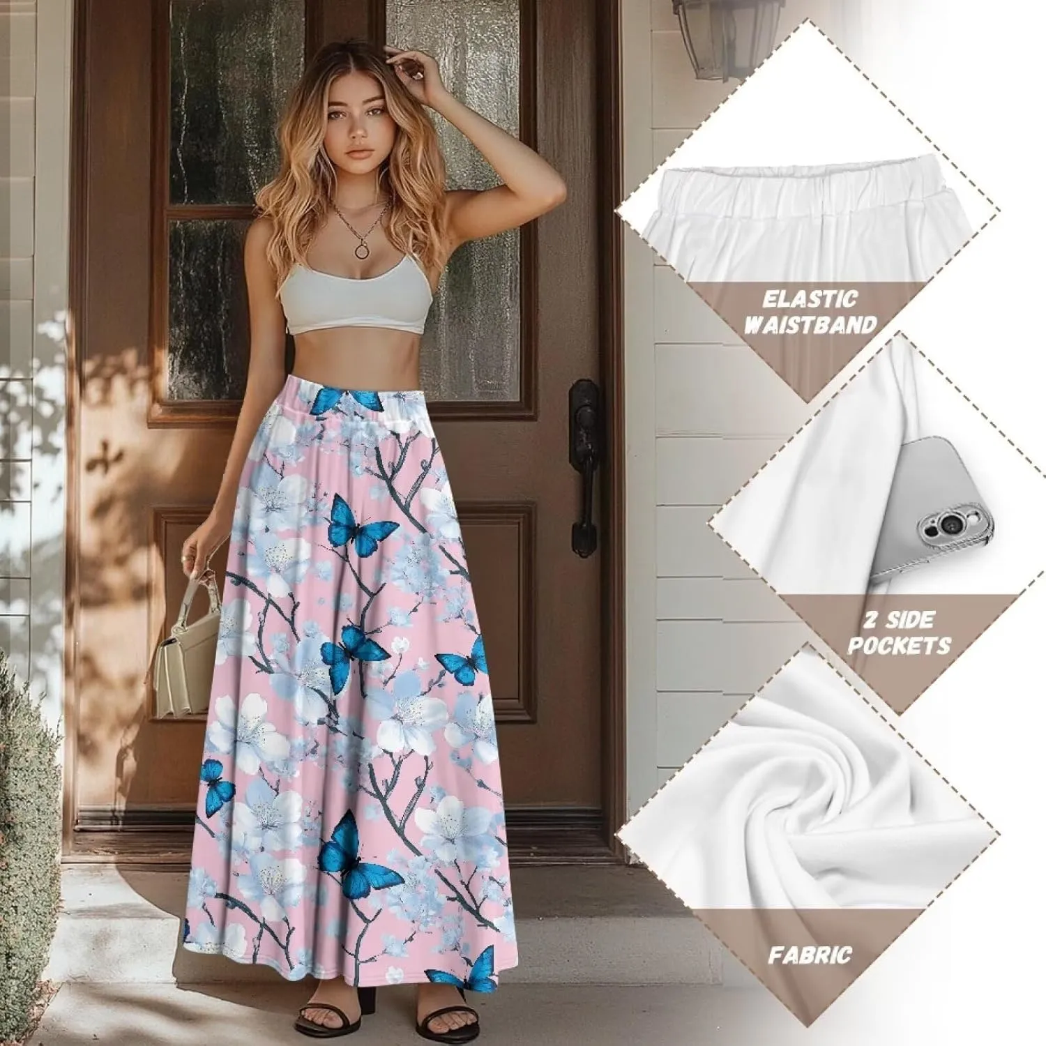 Women's Flowy Midi Skirts with Pockets Casual Pleated Elastic High Waistband Maxi Skirts Soft Swing A-Line Boho Long Skirt