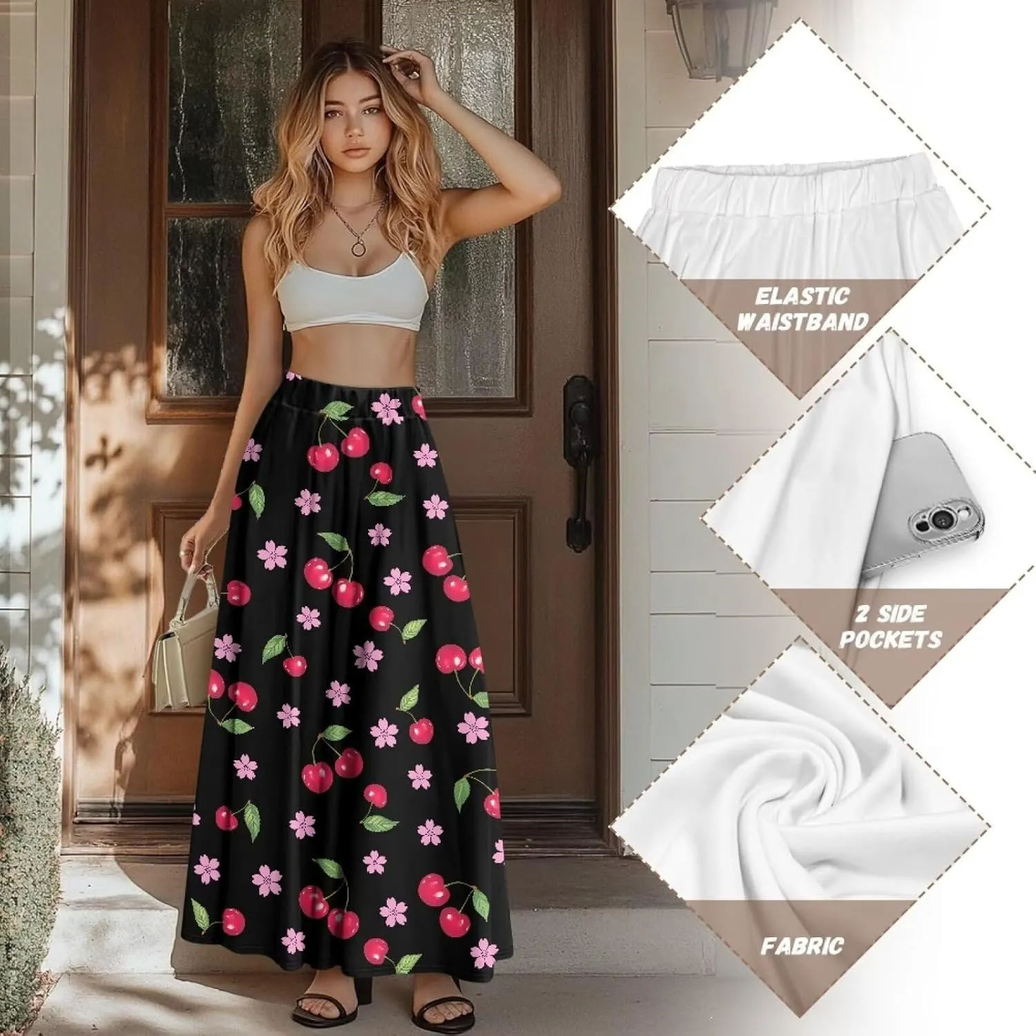 Women's Flowy Midi Skirts with Pockets Casual Pleated Elastic High Waistband Maxi Skirts Soft Swing A-Line Boho Long Skirt