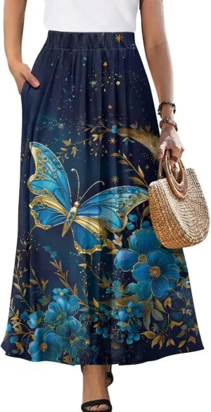 Women's Flowy Midi Skirts with Pockets Casual Pleated Elastic High Waistband Maxi Skirts Soft Swing A-Line Boho Long Skirt