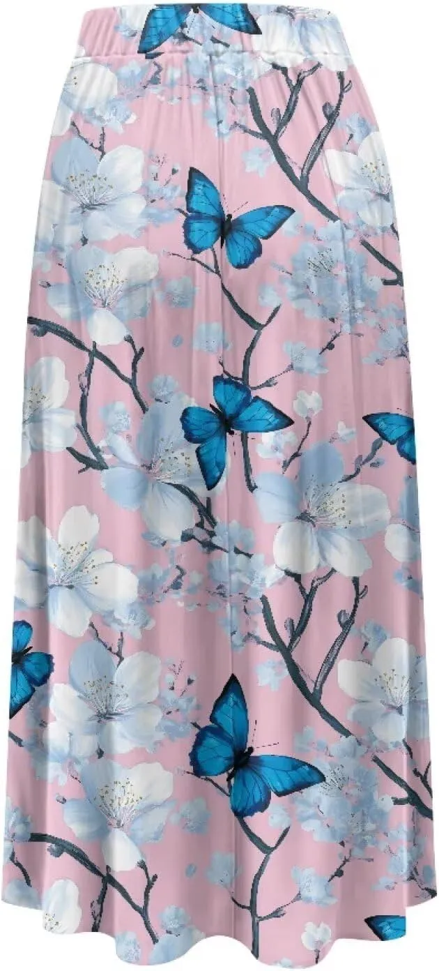 Women's Flowy Midi Skirts with Pockets Casual Pleated Elastic High Waistband Maxi Skirts Soft Swing A-Line Boho Long Skirt