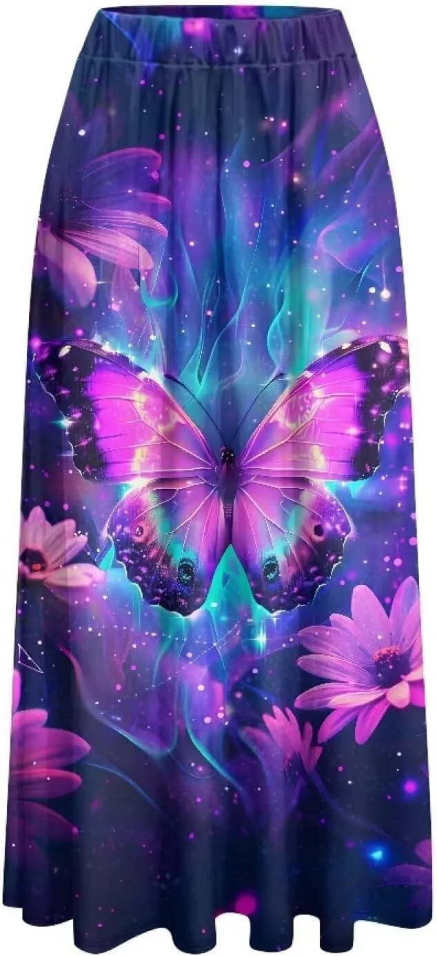 Women's Flowy Midi Skirts with Pockets Casual Pleated Elastic High Waistband Maxi Skirts Soft Swing A-Line Boho Long Skirt
