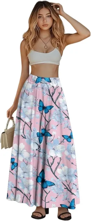 Women's Flowy Midi Skirts with Pockets Casual Pleated Elastic High Waistband Maxi Skirts Soft Swing A-Line Boho Long Skirt