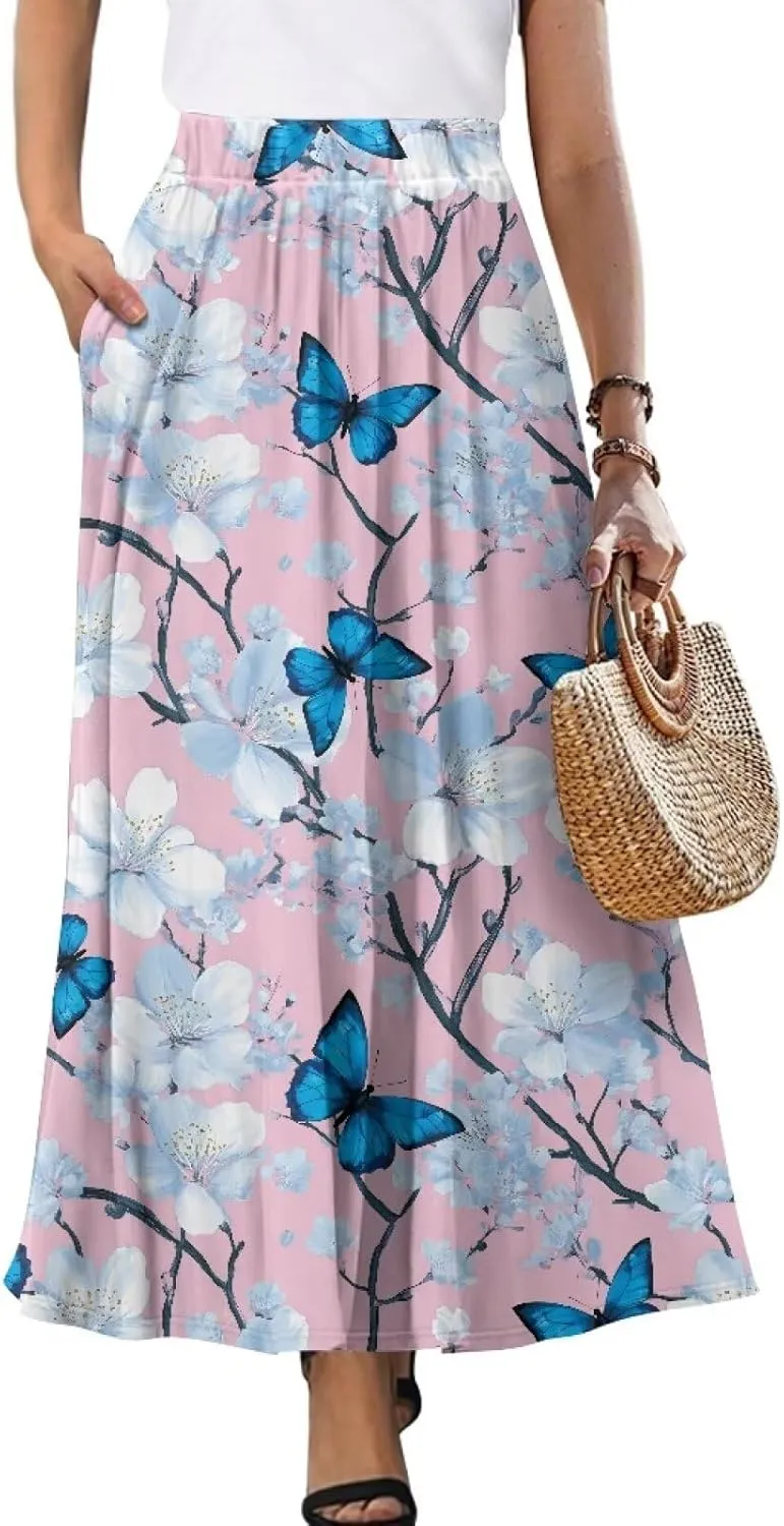 Women's Flowy Midi Skirts with Pockets Casual Pleated Elastic High Waistband Maxi Skirts Soft Swing A-Line Boho Long Skirt