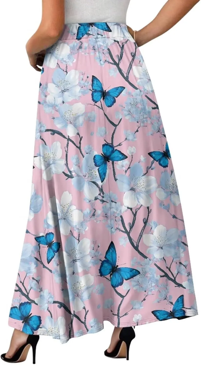 Women's Flowy Midi Skirts with Pockets Casual Pleated Elastic High Waistband Maxi Skirts Soft Swing A-Line Boho Long Skirt